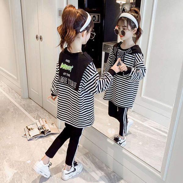 

new suit children's spring dress fashion 2021 striped sweater girls' two piece set, White