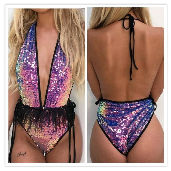 

women's jumpsuits & rompers shiny holographic sequin fringe bodysuits women summer beach tassel backless bikini female one piece swimmi, Black;white