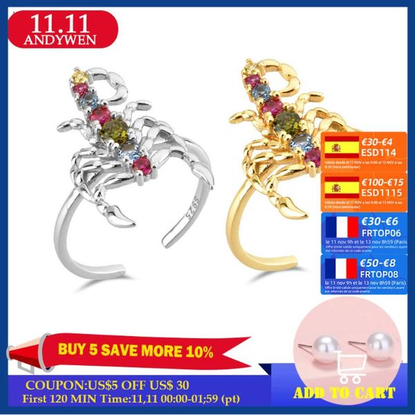 

cluster rings andywen 925 sterling silver gold colorful spider rainbow cz adjustable women fine jewelry open resizable jewels gift, Golden;silver