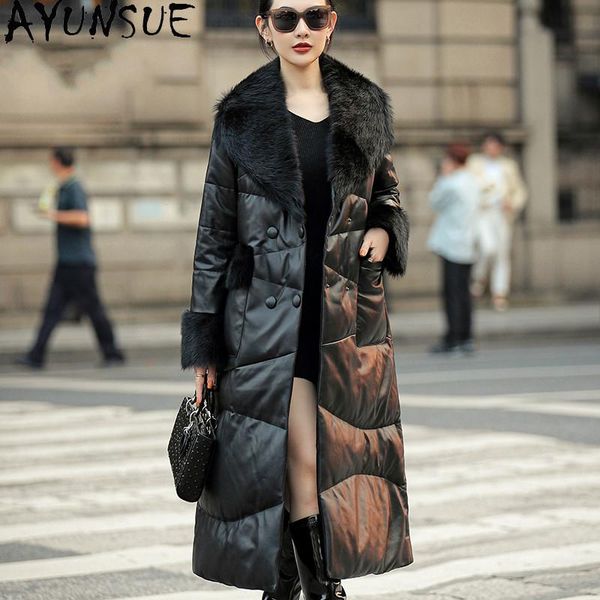 

100% genuine leather jacket women long sheepskin coat female warm winter down jackets wool collar 2021 femme veste pph2445, Black