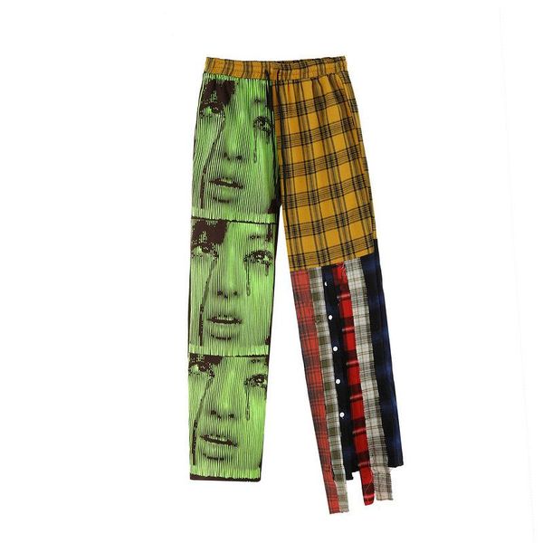 

ybaby high street trend casual pants korean hip hop splicing head print bandage straight pants mens hip hop clothing, Black