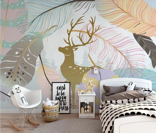 

wallpapers ainyoousem cartoon feather elk children's room background wall wallpaper papel de parede 3d stickers