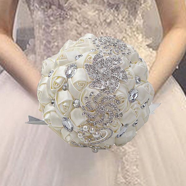 

wedding flowers milk white crystal pearls brooch bridal bouquet artificial ribbon rose bride holding supplies