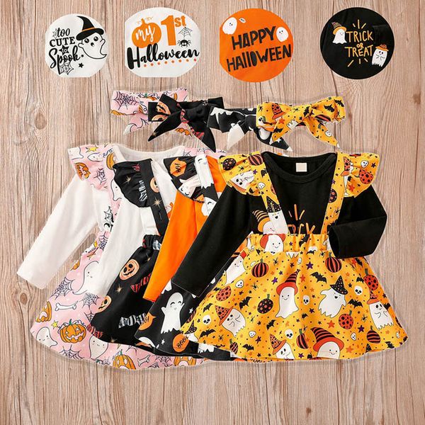 

infant clothing sets girls outfits baby clothes kids wear spring autumn long sleeve rompers jumpsuit pumpkin strap skirt headbands 3pcs hall, White