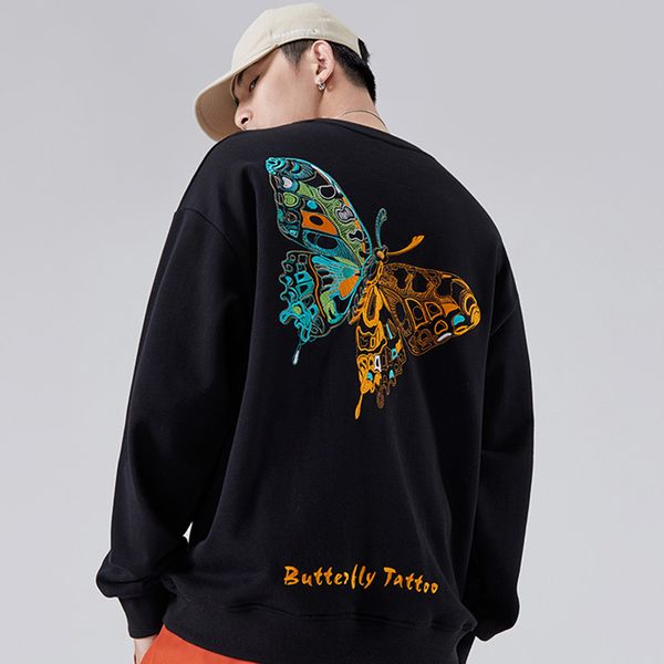 

2021 harajuku embroidery butterfly hoodie men o-neck sweatshirt hip hop 100% cotton autumn new streetwear women man hoodies blg4, Black