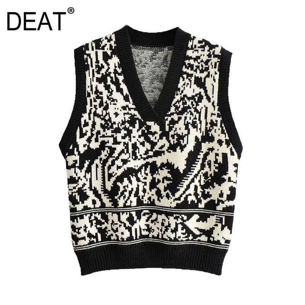 

[deat] women vintage tank sleeveless v-neck jacquard loose fit knitting sweater vest autumn spring 13c400 210527, Black;white