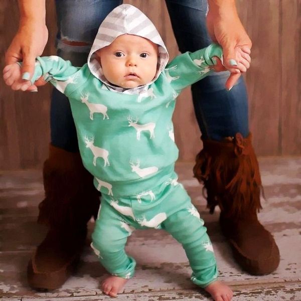 

clothing sets 2pcs born baby boy girl deer hooded shirt long pants cute outfits set clothes 0-24m, White