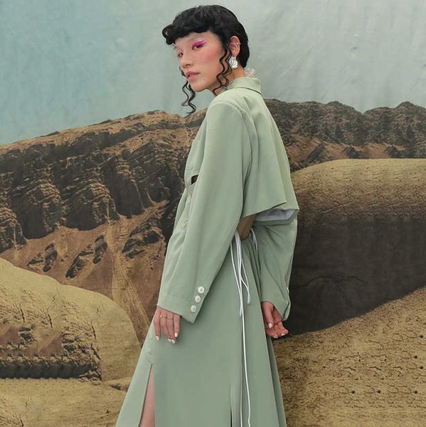 

eam] loose fit hollow out backless bandage jacket new lapel long sleeve women coat fashion tide spring autumn jz181 201013, Black;brown