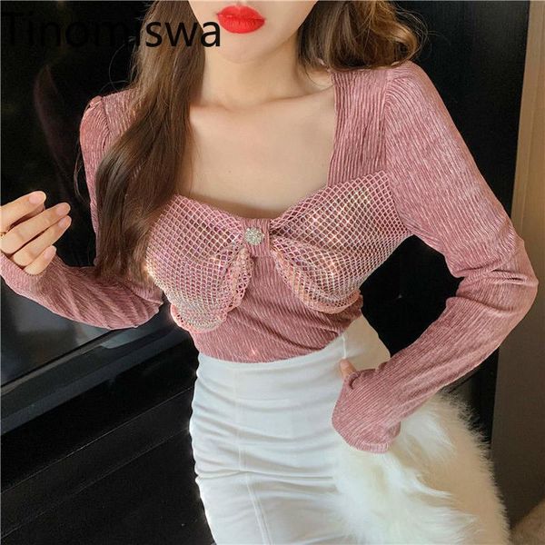 

women's t-shirt tinomiswa diamonds design blingbling tshirt women solid color square collar long sleeve slim fit t shirts female chic, White