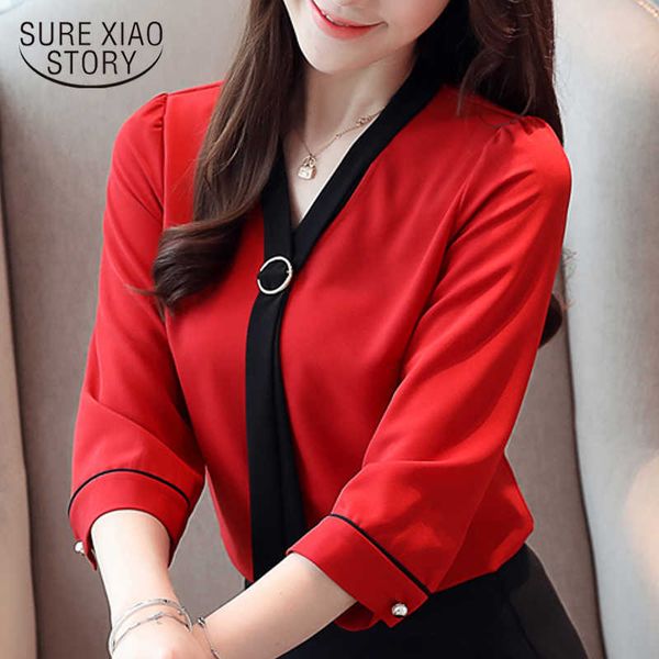 

womens and blouses women shirts blusas mujer de moda three quarter v-neck solid chiffon blouse plus size women 3494 50 210528, White