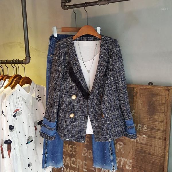 

women's suits & blazers 2021 fashion ol autumn winter plaid pearl buttons blazer women notched collar tweed suit jacket cardiga, White;black