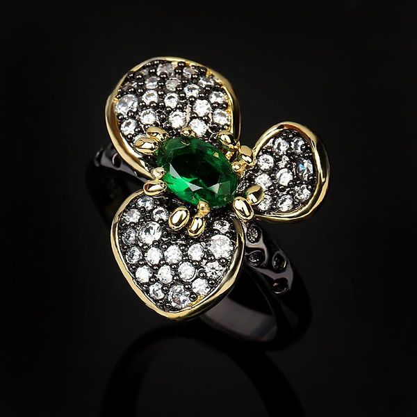 

cluster rings exquisite full diamond zircon women's ring emerald flower jewelry 925 silver bridal, Golden;silver