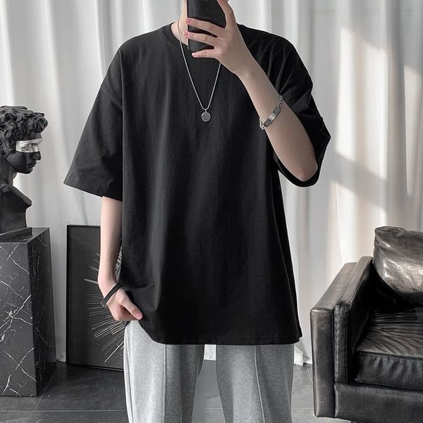 

men's t-shirts summer cotton t-shirt korean fashion loose solid color casual harajuku streetwear five-point sleeve zh1i, White;black