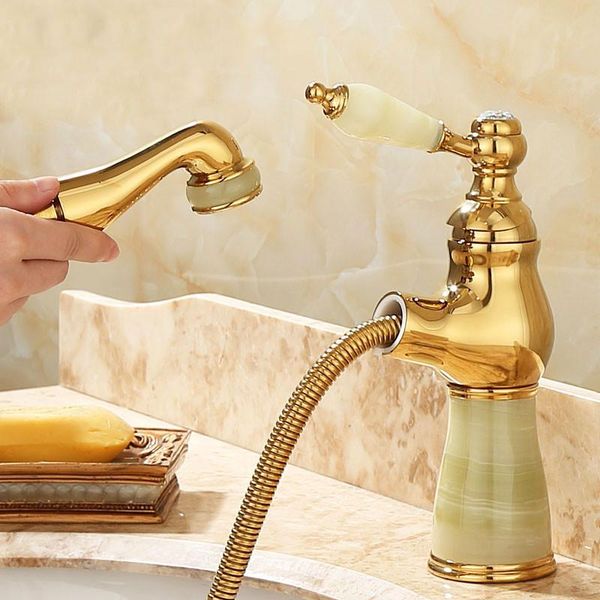 

bathroom sink faucets basin faucet brass gold deck mounted bathtub washroom mixer tap pull out jade single handle hole
