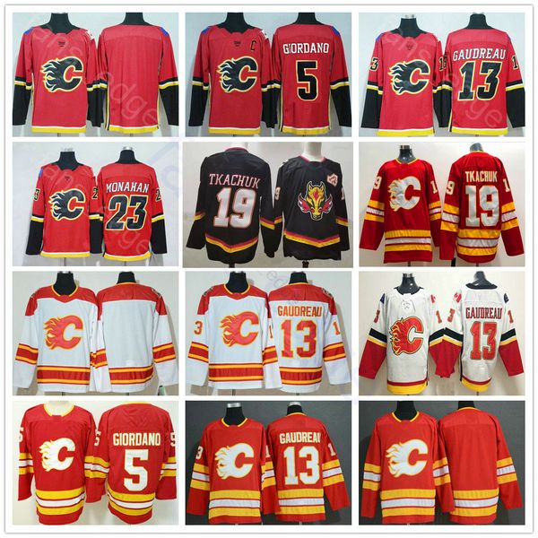 

2021 reverse retro black calgary flames jerseys 5 mark giordano 13 johnny gaudreau 23 sean monahan 19 matthew tkachuk ice hockey jerseys, Black;red