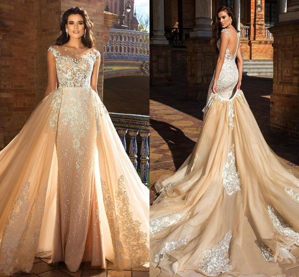 

2021 robe mariage new champagne wedding es lace appliqued detachable train sheath bridal gowns vestido de novia ug35, White
