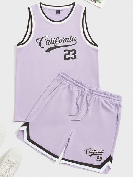 

men letter graphic contrast binding tank & track shorts set y11f#, Gray