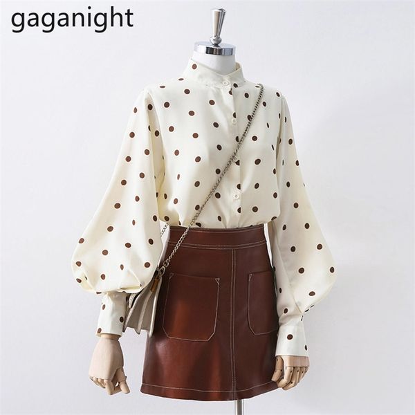 

chiffon women polk dot shirt long sleeve vintage office lady blouse stand collar spring autumn fashion plus size blusa 210601, White
