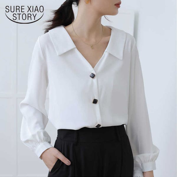 

autumn long sleeve v neck chiffon blouse women white korean casual loose chic solid button cardigan shirt 11118 210528