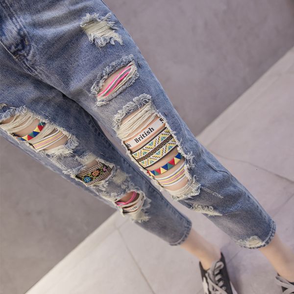 

women summer denim trendy hole-stretched brem pants high-waisted female vintage ankle-length jeans big y326 wwal, Blue
