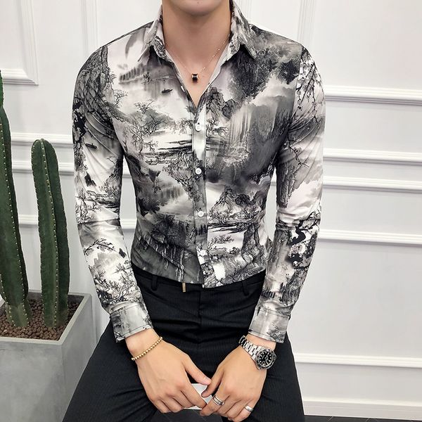

2021 new digital male retro landscape casual impression of the men's club with long sleeve thin party shirt j4eh, Black;brown