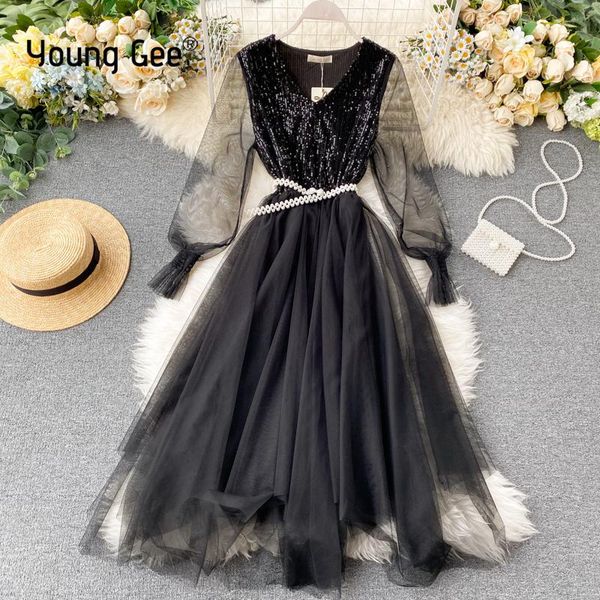 

young gee women glitter sequin black pink dresses flared hem mesh midi elegant party dress with pearls belt vestidos de festa, Black;gray