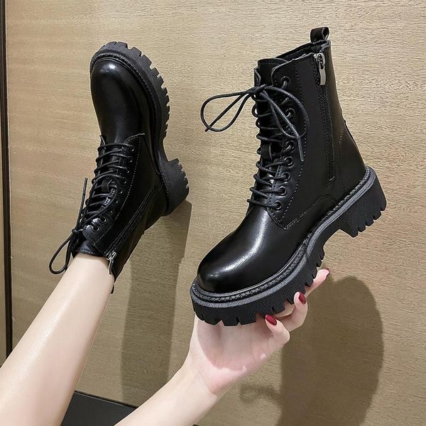 

boots 2021 platform women winter comfortable fashion lace up ankle motorcycle outdoor non-slip, Black