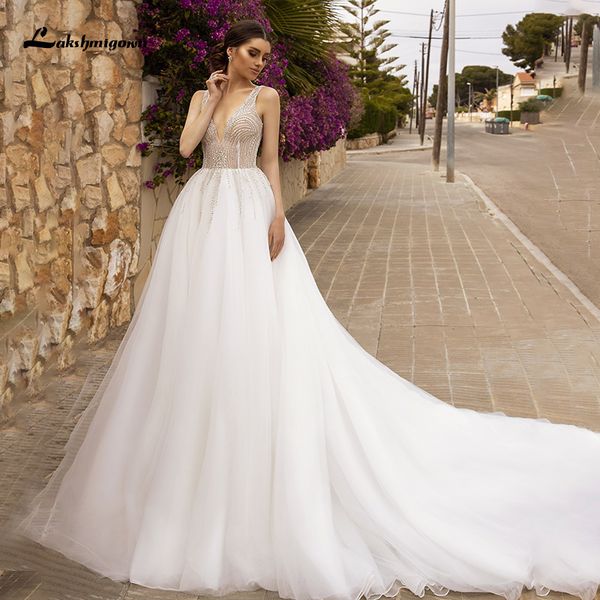 

2021 new laksgmigown bridal abito da sposa sheer white tulle mariage beaded v neck boho wedding es robe mariee rief