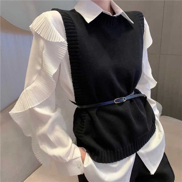 

spring 2 piece set elegant women white sweet ruffles loose shirt + black waist belt casual knit sweater vest suit 210526