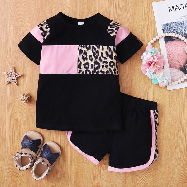 

clothing sets children's toddler baby girls short sleeve leopard printed +shorts sports outfits + pants two piece set, White