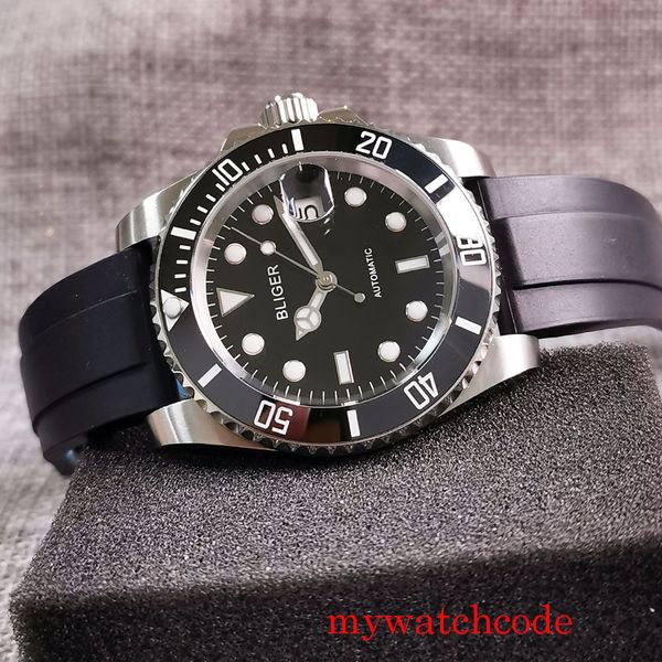 

40mm bliger black dial date automatic men watch sapphire crystal nh35 miyota 8215 movement rubber strap ceramic bezel, Slivery;brown