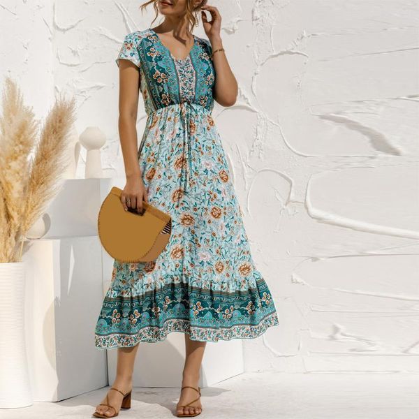 

casual dresses summer bohemian dress women's sundress fashion flare sleeve short vestido female v neck party shirt robe femme for 2021, Black;gray