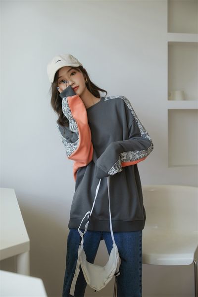 

2021 new contrast color crewneck sweatshirt women fall patchwork paisley print grey orange hoodie reversible clothing e7dg, Black