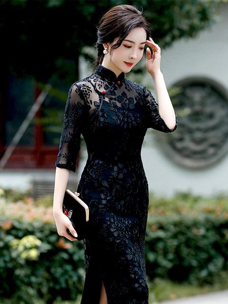 

ethnic clothing chinese style women's traditional dress retro old shanghai long cheongsam with 3/4 sleeve lace summer, Red