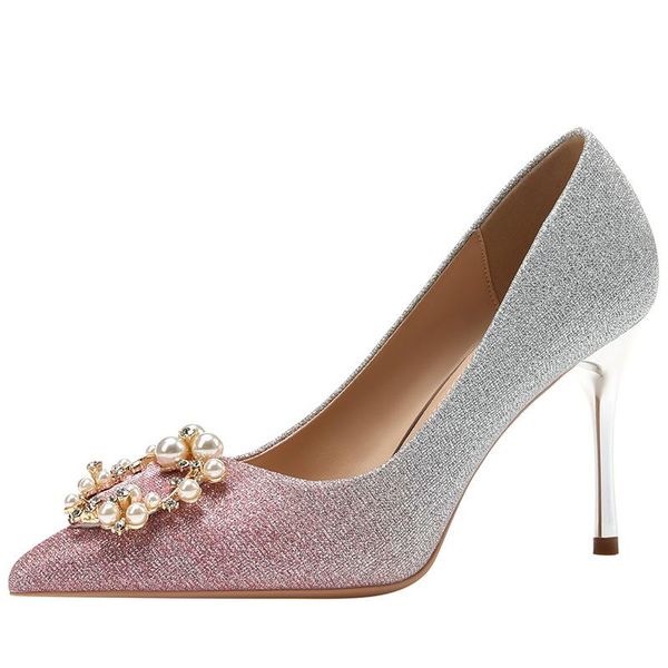 

sandals fashion autumn wedding shoes female pointed toe single stiletto pearl buckle gradient high heels, Black