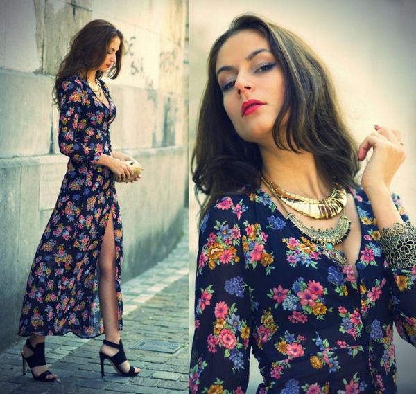 

casual dresses 2021 women summer/autumn bohos long maxi flowear dress sleeve deep v-neck outwear, Black;gray