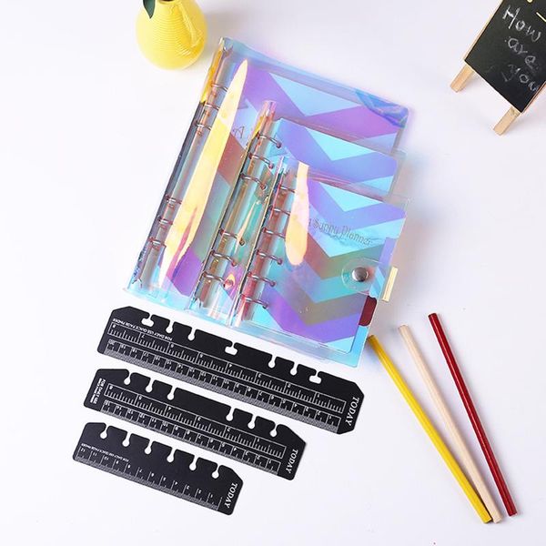 

notepads a5 a6 a7 dazzle color notebook pvc handbook office school transparent concise 6 holes binder planner journal, Purple;pink