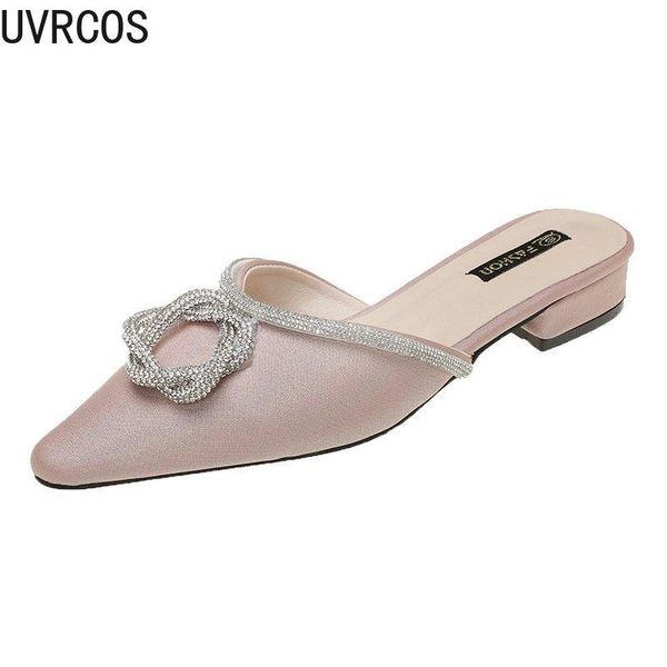 

2021 new women's half slippers fashion wild simple vamp personality rhinestone decoration trend outer wear sweet beauty shoes, Black