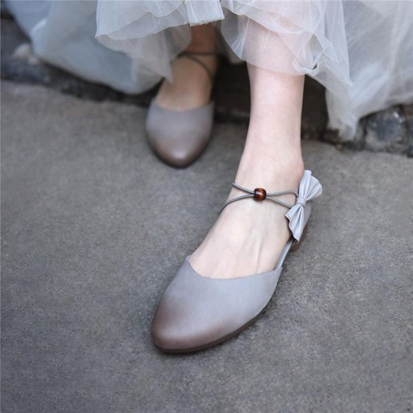 

sandals artmu original women's flat shoes sweet bow genuine leather soft soles ladies pointed toe elastic, Black