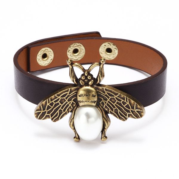 

european and american fashion bracelet cuff creative personality new alloy pu leather pearl bracelet for gift, White