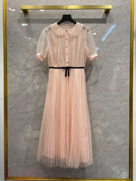 

2021 black/pink long women dress milan runway peter pan collar short sleeves dress buttons lace lining silk runway gown 202126
