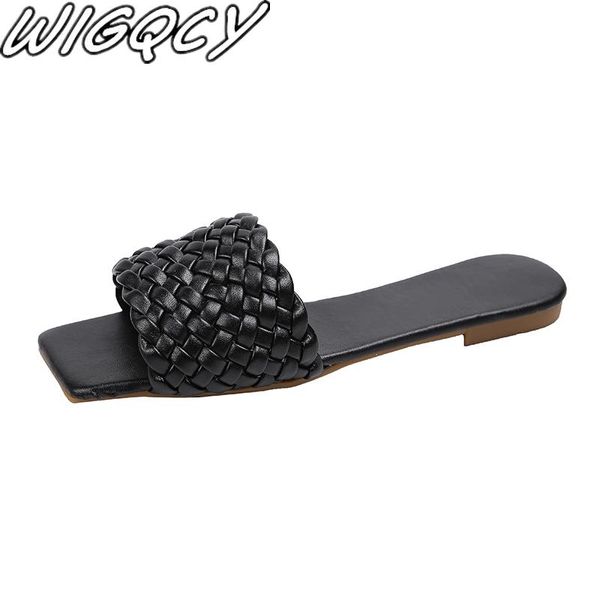 

2021 fashion temperament braided charm open-toe flat slippers set foot vacation beach sandals casual flip flops women shoes, Black