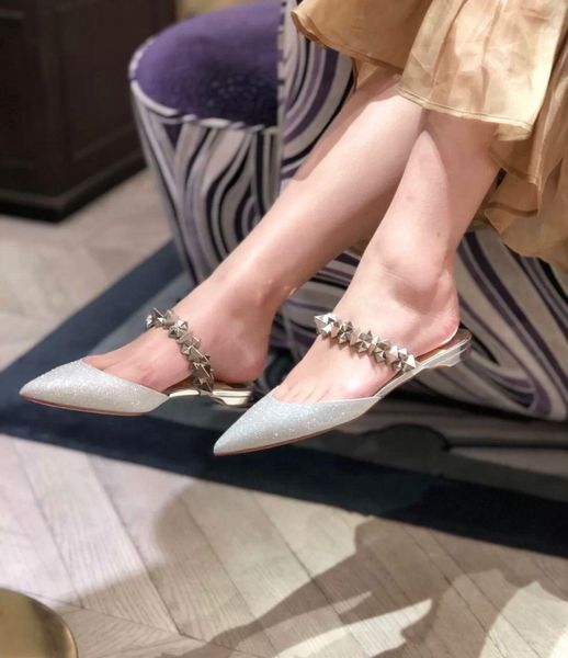 

sliver glitter leather summer slipper planet choc studded luxurious pointed toe red bottom women sandals women casual walking, Black