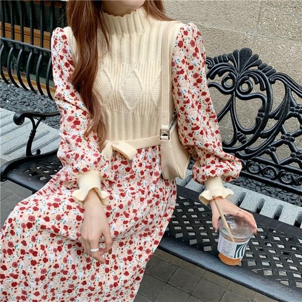 

casual dresses elegant knitted patchwork midi dress 2021 autumn fashion women lantern sleeve retro sweet printing, Black;gray