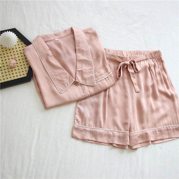 

women's sleepwear retro little pointed collar ice silk pajamas girls' summer students' short sleeve shorts loose and simple h, Black;red