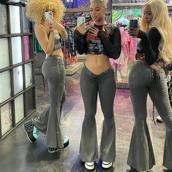 

women's pants & capris high waist flare women drawstring ruched long spring summer autumn trousers elastic casual streetwear bandage bo, Black;white