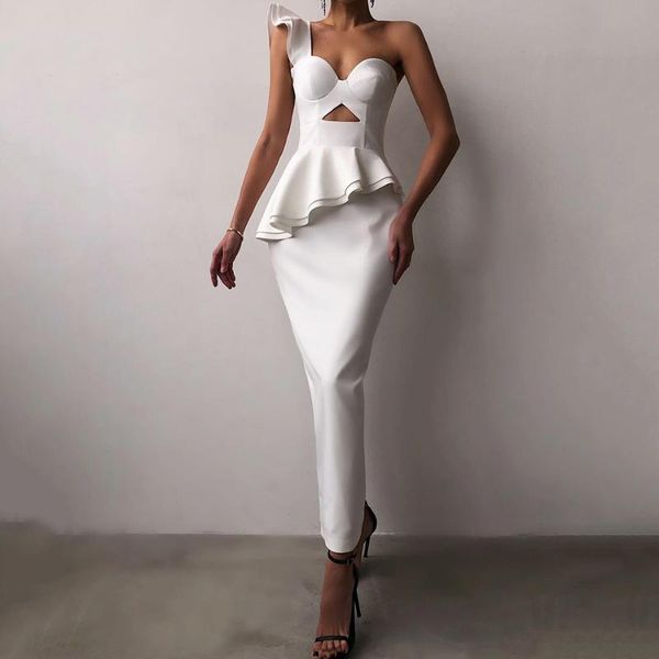 

casual dresses 2021 fall fashion and elegant white one shoulder ruffled v neck midi dress exposed back split bodycon, Black;gray
