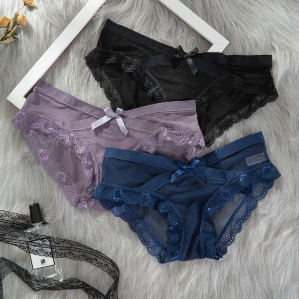 

3 pcs/lot lace panties seamless women briefs fashion transparent lingerie female breathable hollow out mesh panty underwear, Black;pink