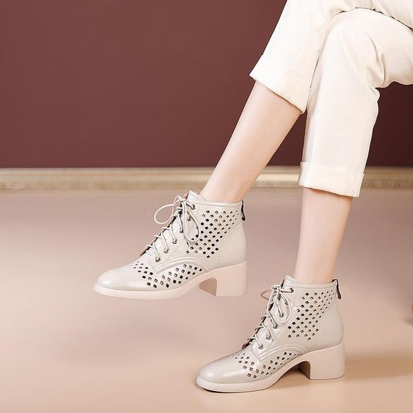 

boots 2021 block heels ankle zip fashion leather designer lace up women summer trends shoes high quality, Black