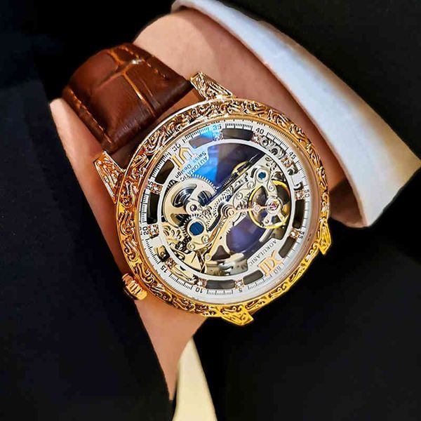 

aokulasic fashion random men watches leather band mechanical cut hollow tourbillon for man, Slivery;brown